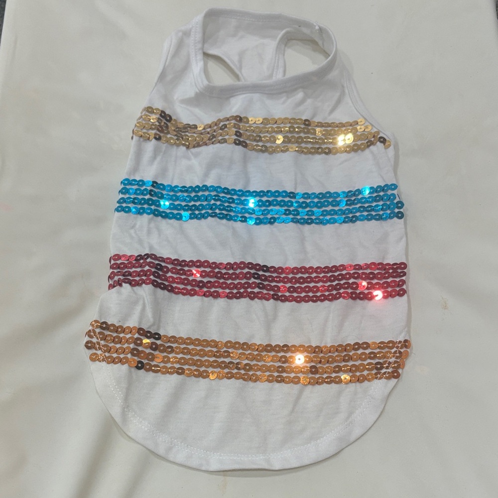 Top Paw White Tank Top with Gold, Blue, Red Sequin Stripes